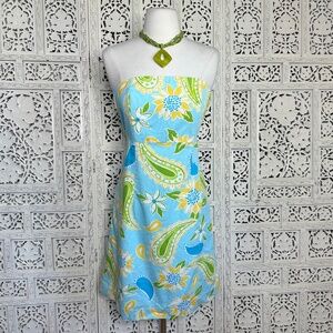 Lilly Pulitzer Green & Blue‎ Floral Paisley Summer Strapless Tube Dress Sz 2